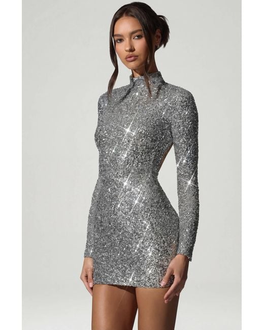 Oh Polly Metallic Embellished Open-Back Mini Dress