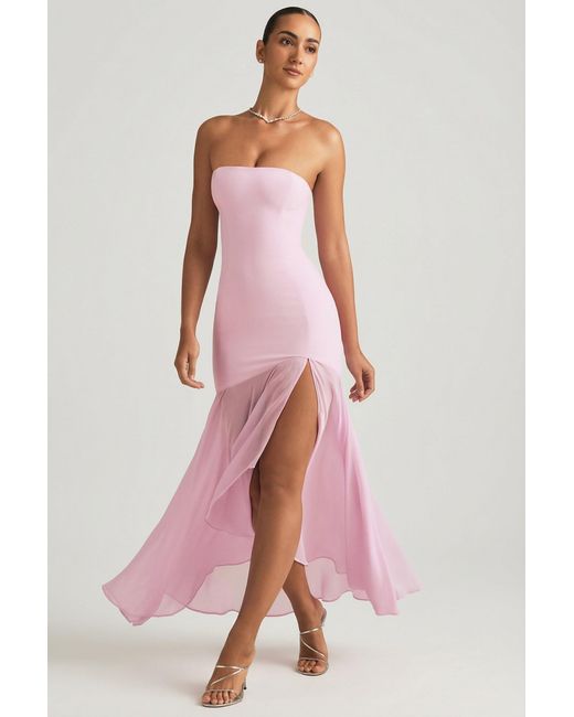 Oh Polly Pink Asymmetric Strapless Fishtail Maxi Dress