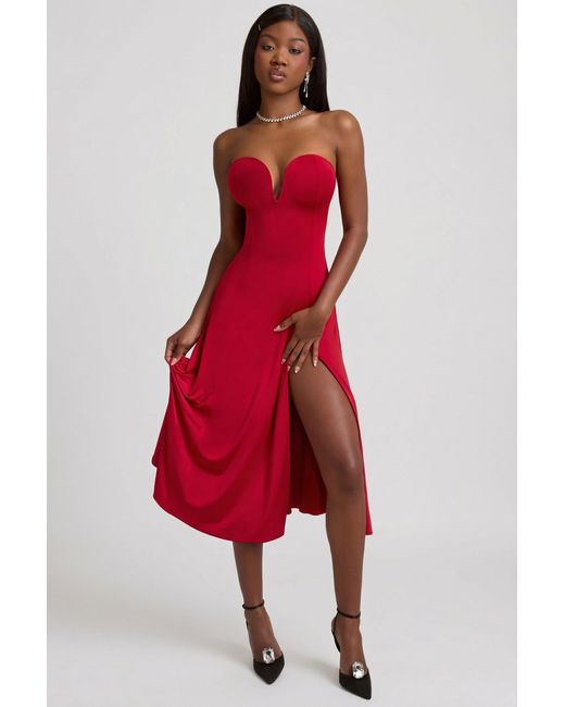 Oh Polly Red Slinky Jersey Strapless A-Line Midaxi Dress