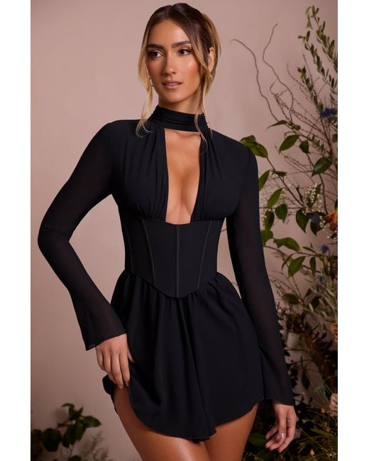 Oh Polly Black Long Sleeve Plunge Neck Mini Dress