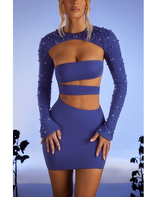 Oh Polly Blue Embellished Long Sleeve Cut Out Mini Dress