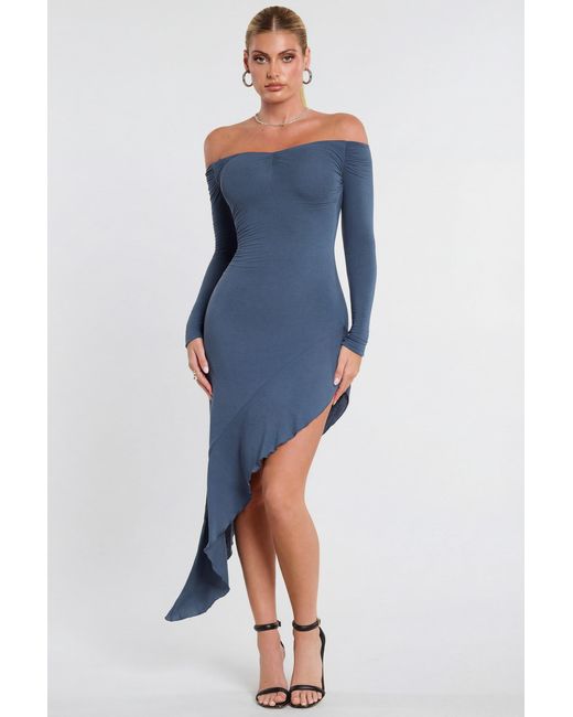 Oh Polly Blue Long Sleeve Off-The-Shoulder Modal Cashmere Blend Maxi Dress