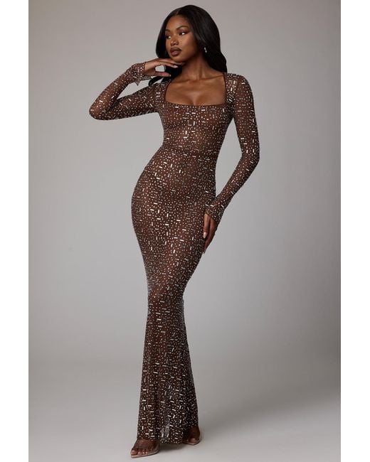 Oh Polly Brown Sheer Embellished Long Sleeve Evening Gown