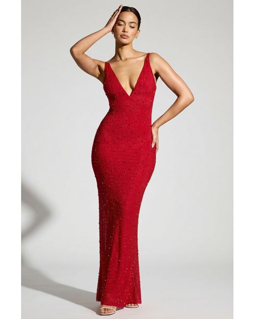 Oh Polly Red Embellished Plunge Neck Evening Gown