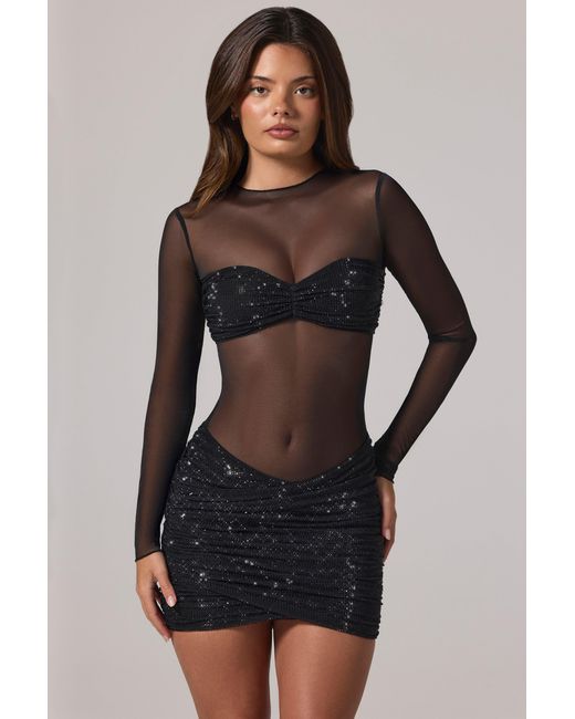Oh Polly Black Sheer Embellished High-Neck Long Sleeve Mini Dress