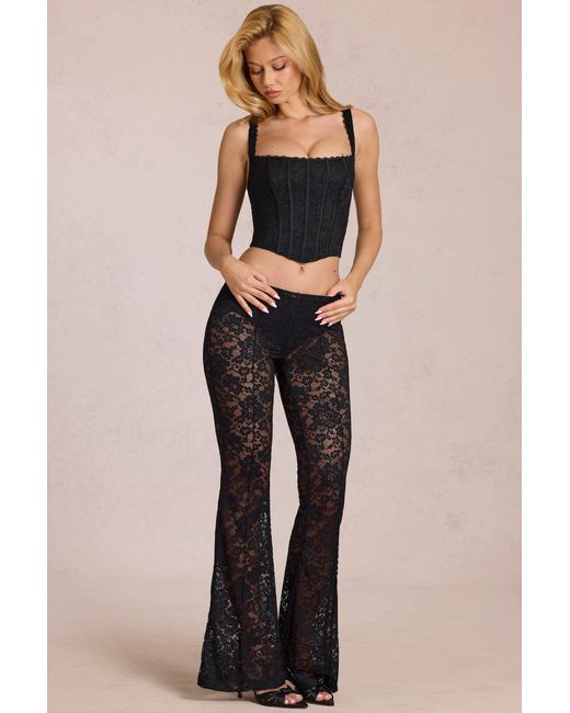 Oh Polly Black Sheer Lace Mid-Rise Flared Trousers