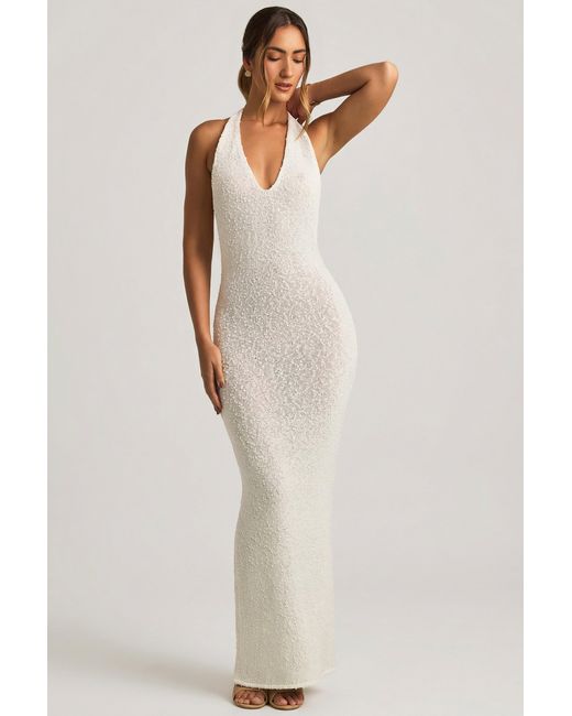 Oh Polly White Bouclé Halterneck Maxi Dress