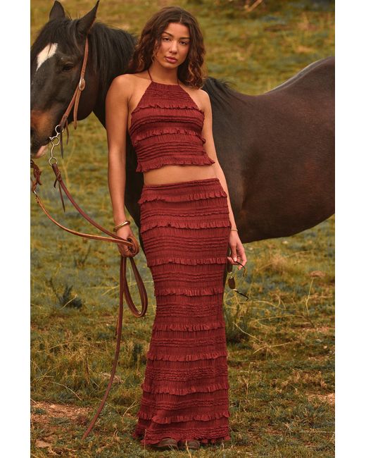 Oh Polly Red Ruffled Mid-Rise Maxi Skirt