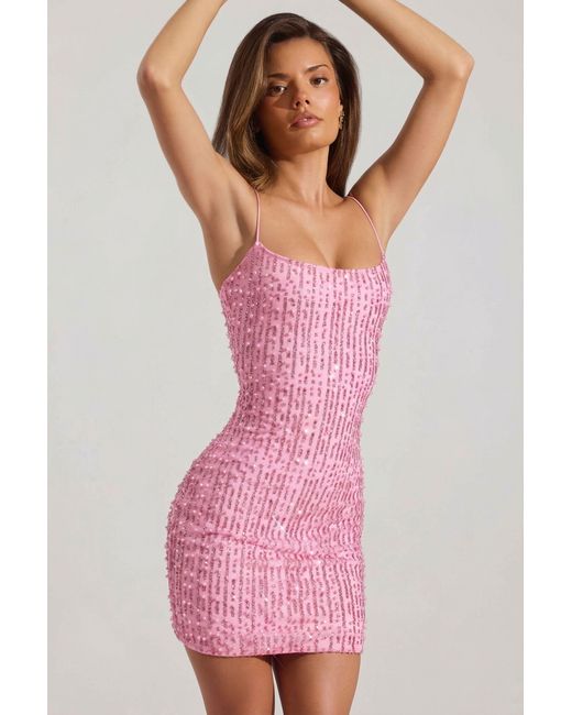 Oh Polly Pink Embellished Scoop-Neck Bodycon Mini Dress