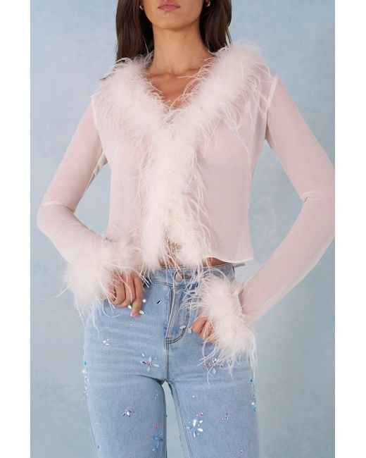 Oh Polly White Feather Trim Sheer Top