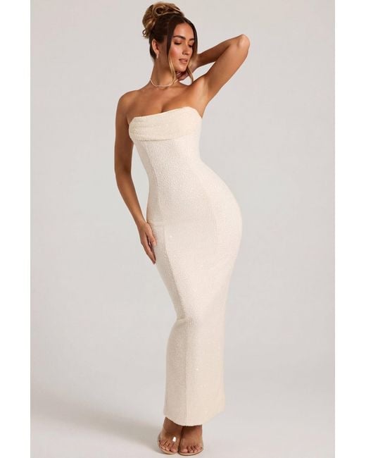 Oh Polly White Embellished Bandeau Cowl Neck Maxi Dress