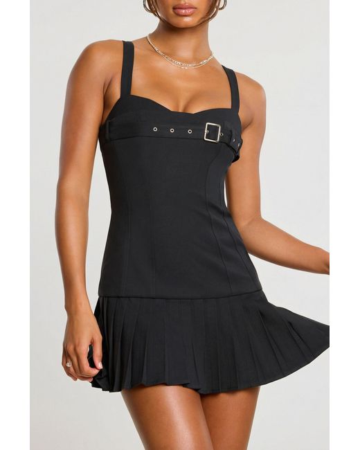 Oh Polly Black Brushed Twill Drop Waist Kilt Mini Dress