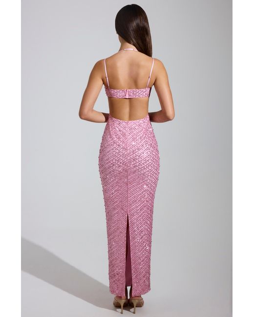 Oh Polly Pink Embellished Cowl-Neck Maxi Dress