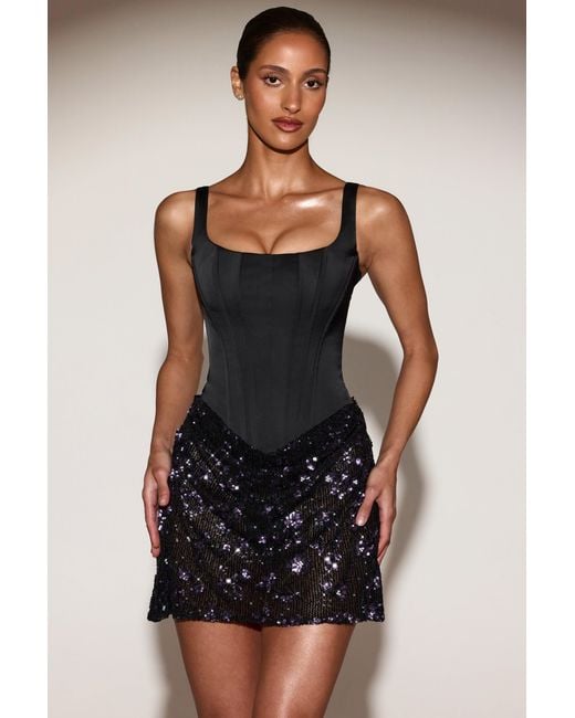 Oh Polly Black Satin Corset Embellished Skirt Mini Dress