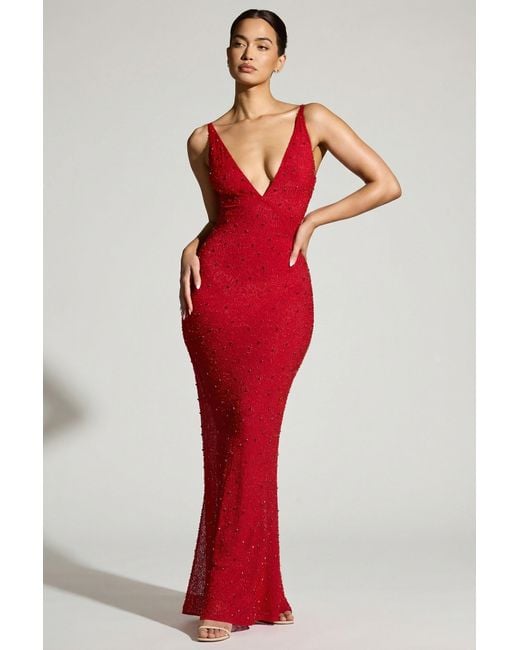 Oh Polly Red Embellished Plunge Neck Evening Gown