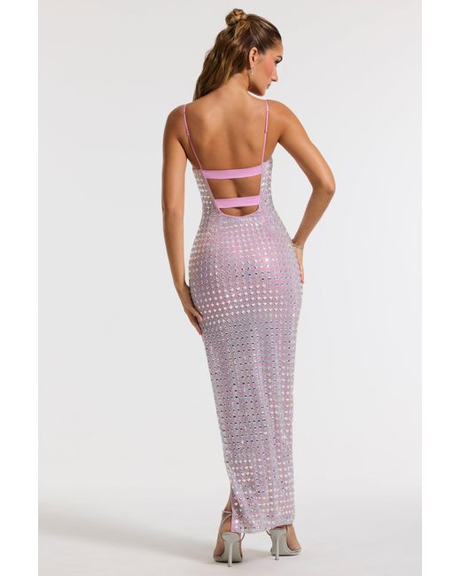 Oh Polly Purple Embellished Square Neck Thigh Split Gown