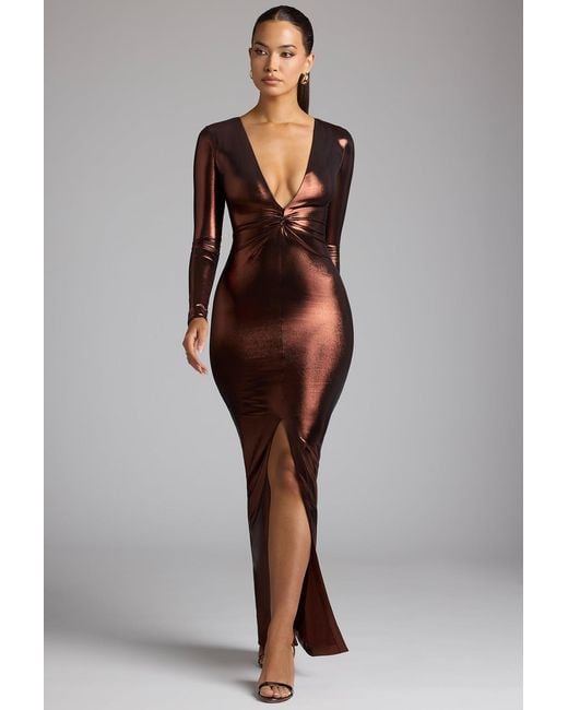 Oh Polly Brown Long Sleeve Metallic Jersey Evening Gown