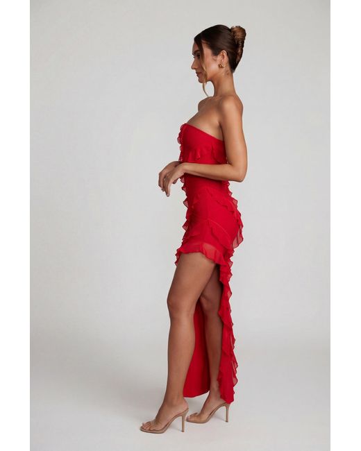 Oh Polly Red Bandeau Ruffle Detail Maxi Dress
