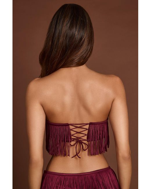 Oh Polly Red Fringed Bandeau Lace-Up Crop Top