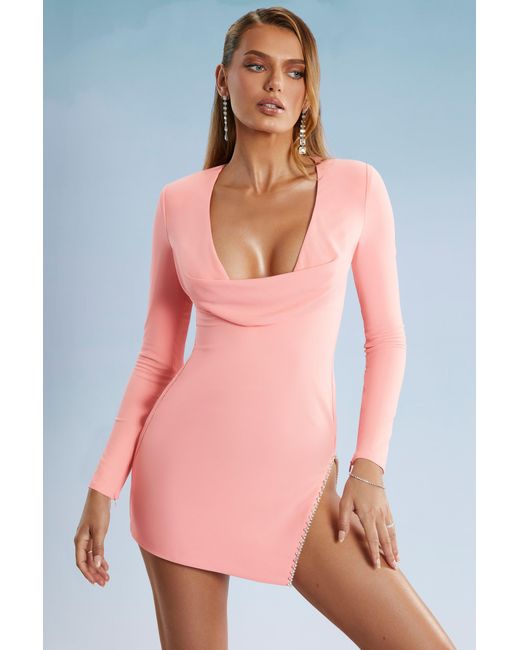 Oh Polly Pink Cowl Neck Thigh Split Mini Dress