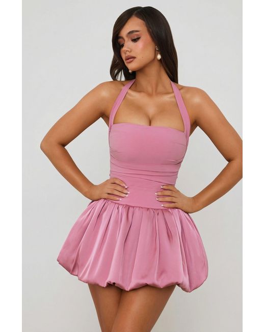 Oh Polly Pink Halterneck Lace-Up Bubble Hem Corset Micro Mini Dress