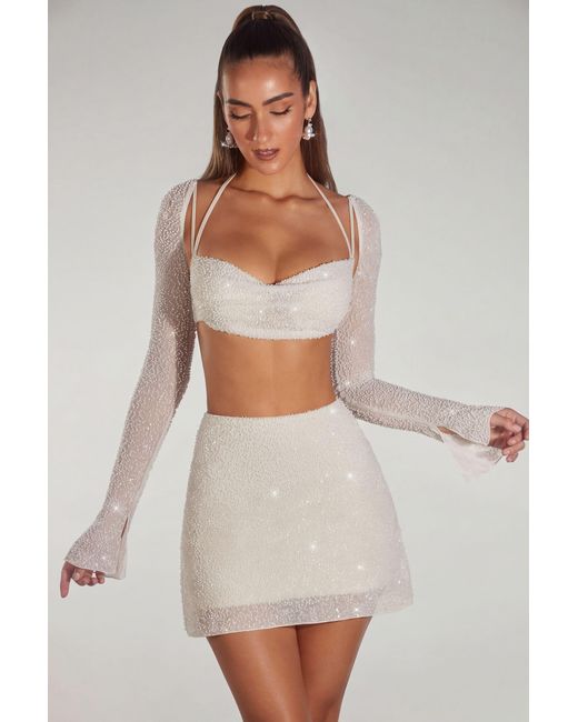 Oh Polly White Embellished Long Sleeve Crop Top