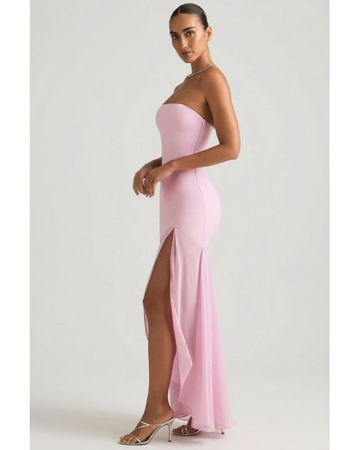 Oh Polly Pink Asymmetric Strapless Fishtail Maxi Dress
