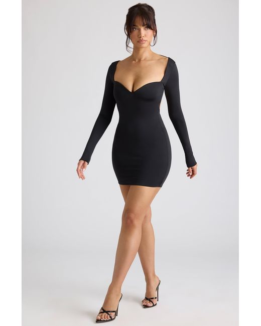 Oh Polly Black Long Sleeve Sweetheart Neckline Mini Dress