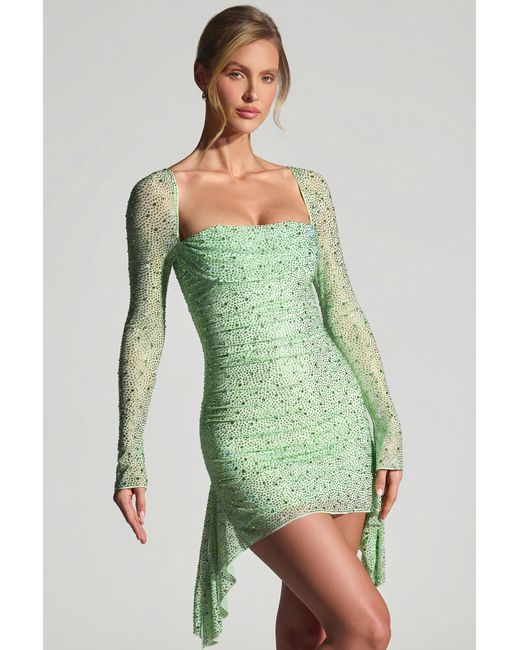 Oh Polly Green Embellished Draped Cowl-Neck Mini Dress