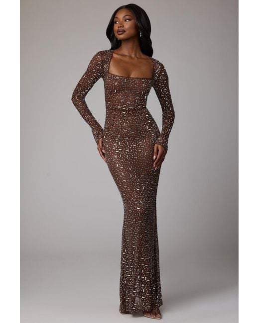 Oh Polly Brown Sheer Embellished Long Sleeve Evening Gown