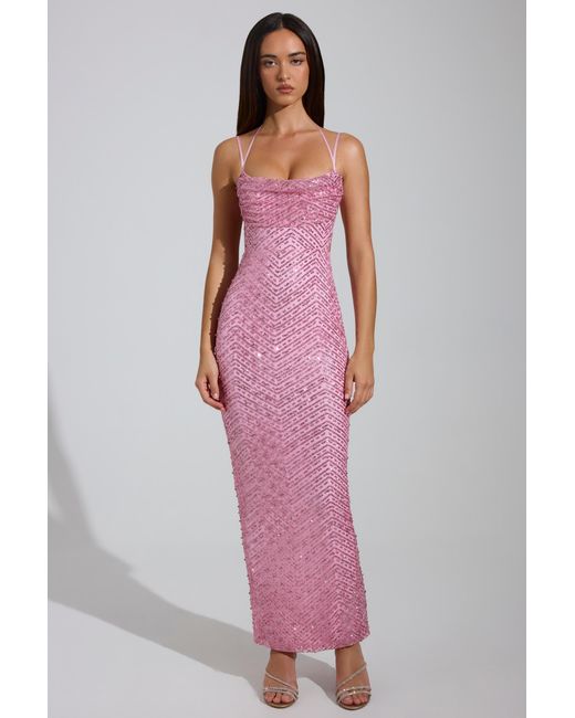 Women's Pink Embellished Cowl-Neck Maxi Dress