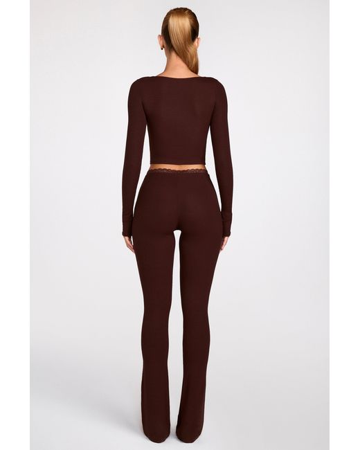 Oh Polly Brown Modal Mid-Rise Flared Trousers