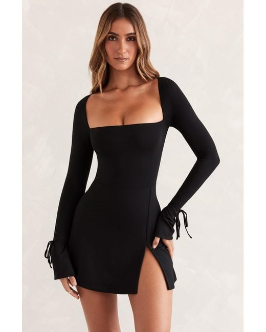 Oh Polly Black Square Neck Long Sleeve Mini Dress