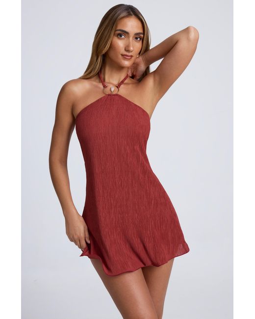 Oh Polly Brown Hardware Detail Open-Back Halterneck Micro Mini Dress