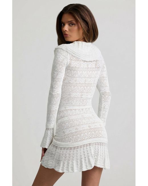 Oh Polly White Ruffle-Trim Pointelle-Knit Mini Dress