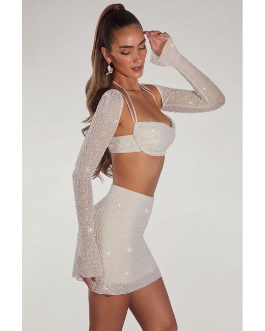Oh Polly White Embellished Long Sleeve Crop Top