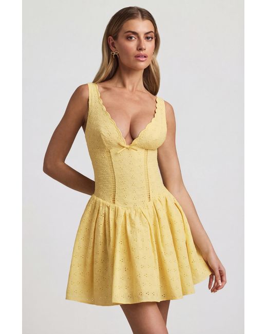 Oh Polly Yellow Broderie Anglaise Bow-Detail A-Line Mini Dress