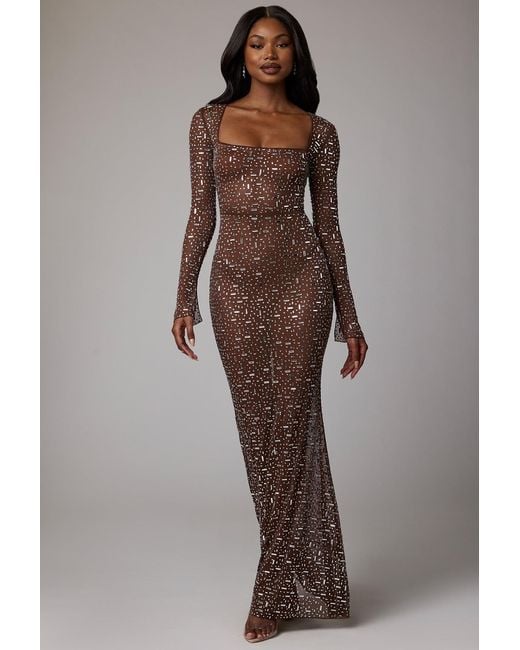 Oh Polly Brown Sheer Embellished Long Sleeve Evening Gown