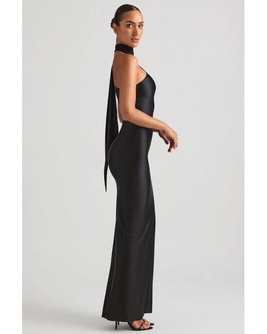 Oh Polly Black Asymmetric Scarf-Detail Maxi Dress