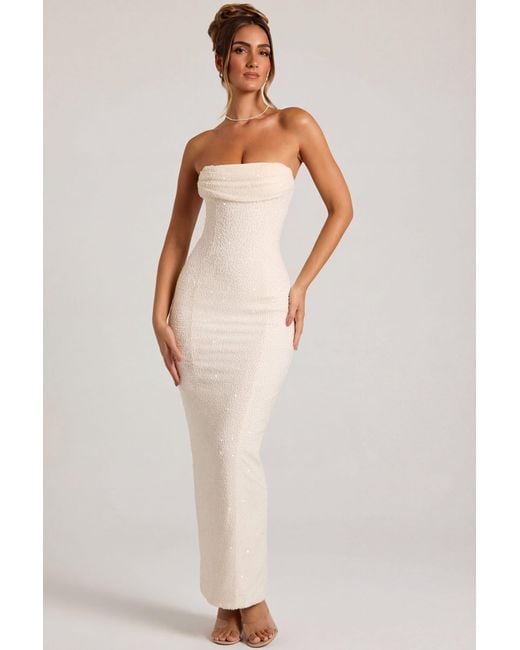 Oh Polly White Embellished Bandeau Cowl Neck Maxi Dress
