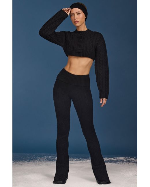 BO+TEE Black Cable Knit Foldover Flared Trousers