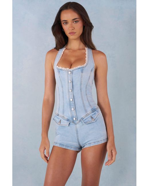Oh Polly Blue Button-Down Halterneck Playsuit