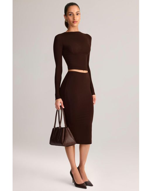 Oh Polly Brown Modal Mid-Rise Pencil Midi Skirt