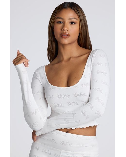 Oh Polly White Long Sleeve Scoop Neck Pointelle Crop Top