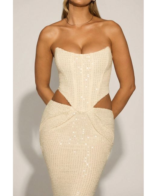 Oh Polly White Embellished Cut-Out Draped Corset Gown