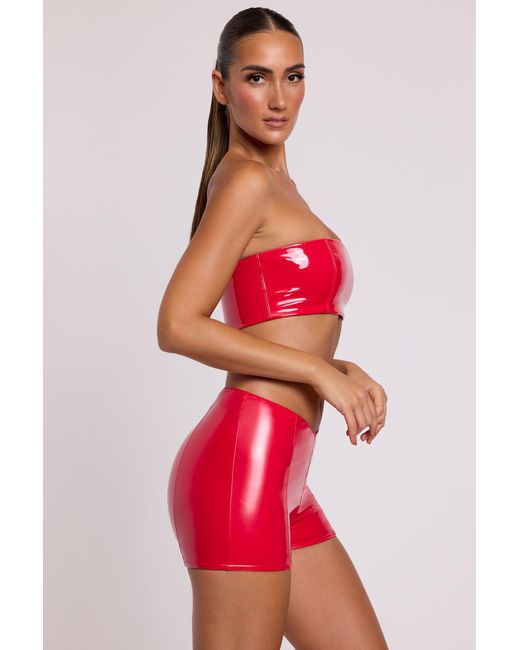 Oh Polly Red Vinyl Angled Waist Mini Shorts