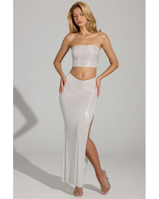 Oh Polly White Embellished V-Waist Thigh-Split Maxi Skirt