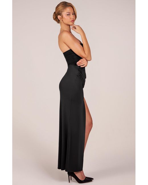Oh Polly Black Bandeau Draped Thigh-High Maxi Dress