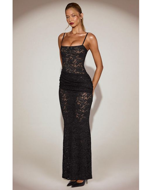 Oh Polly Black Sheer Lace Square-Neck Ruched Gown