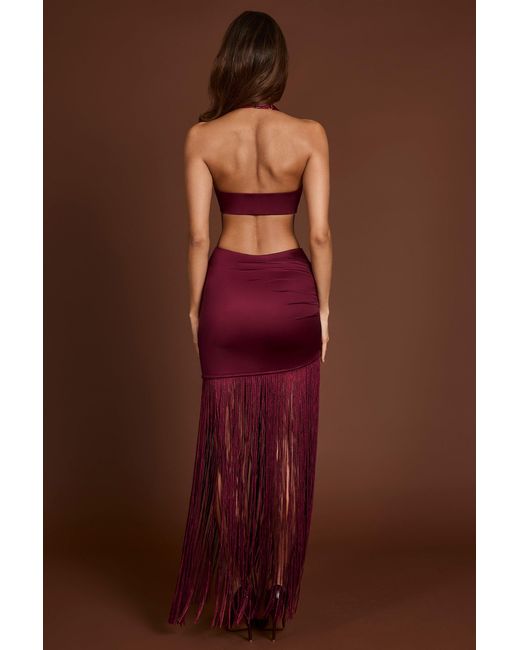 Oh Polly Red Fringed Plunge-Neck Maxi Dress